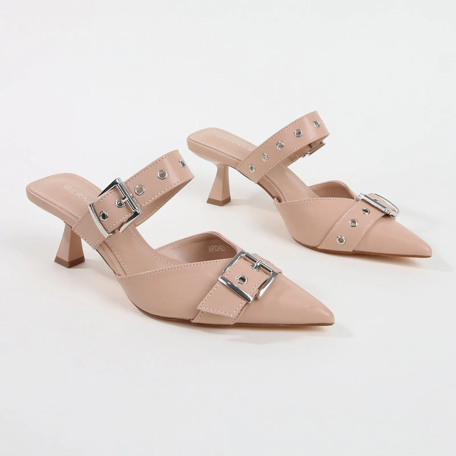 Archer Beige Double Buckle Mule Heels