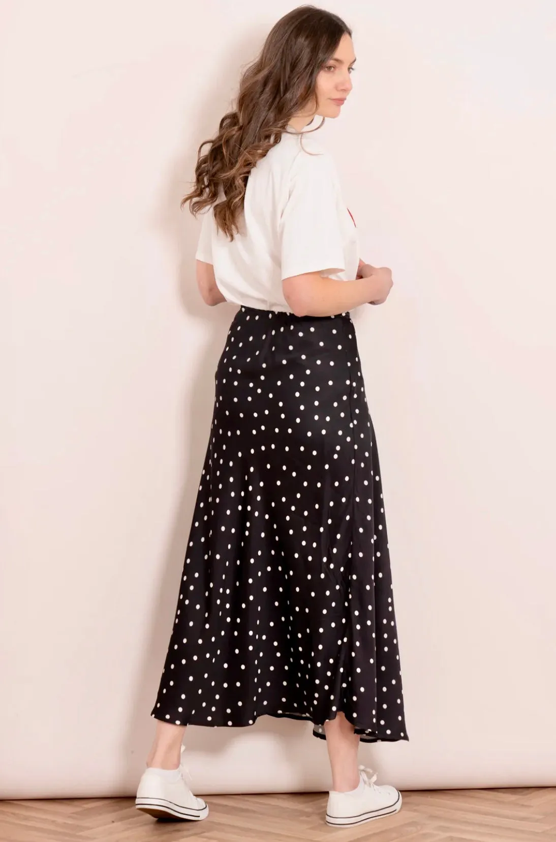 Audrey Black & White Polka Dot Satin Slip Skirt