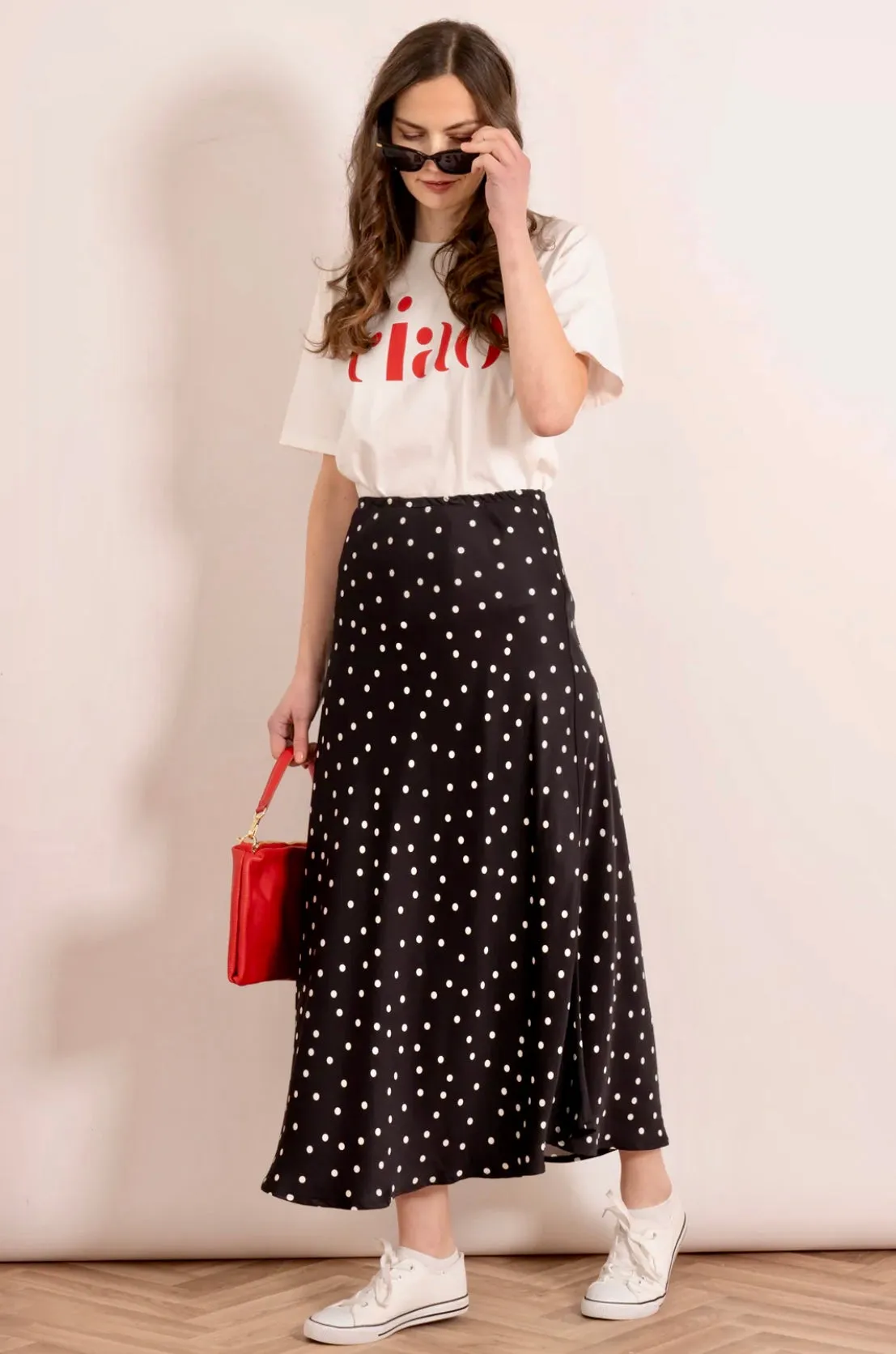Audrey Black & White Polka Dot Satin Slip Skirt