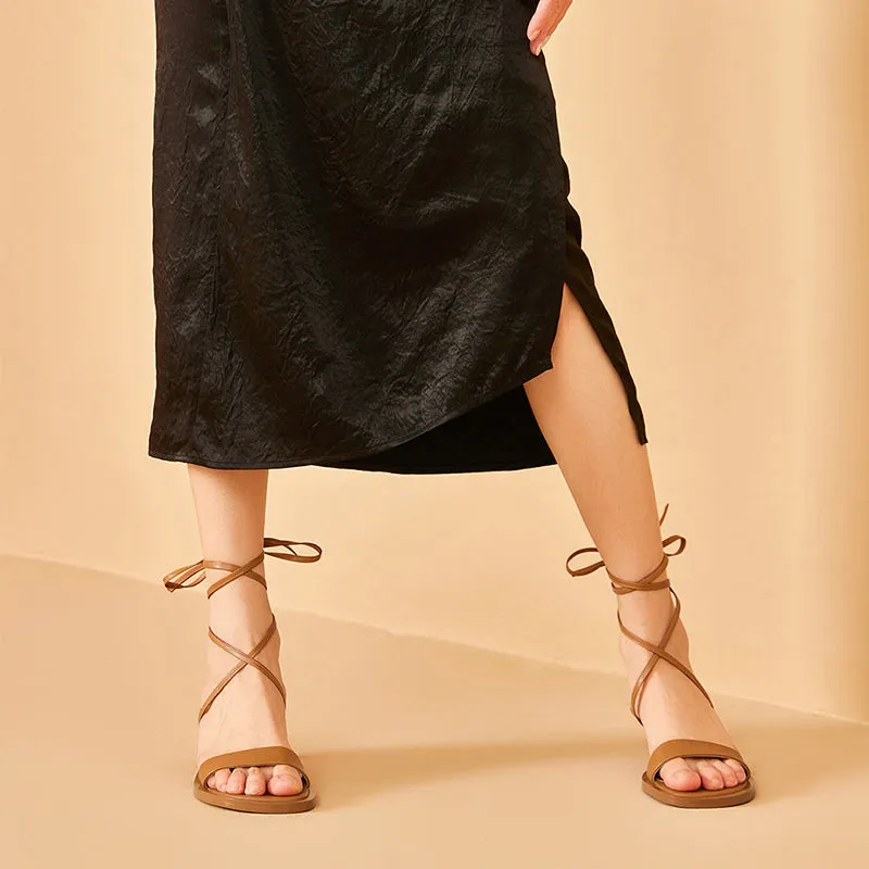 BeauToday Leather Strappy Ankle Wrap Sandals with Kitten Heels for Women