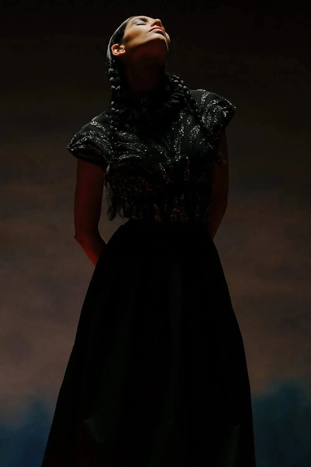 Black & Silver Taffaeta Midi-Skirt