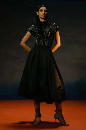 Black & Silver Taffaeta Midi-Skirt