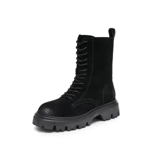 Black Calf Suede Lace Up Combat Boots