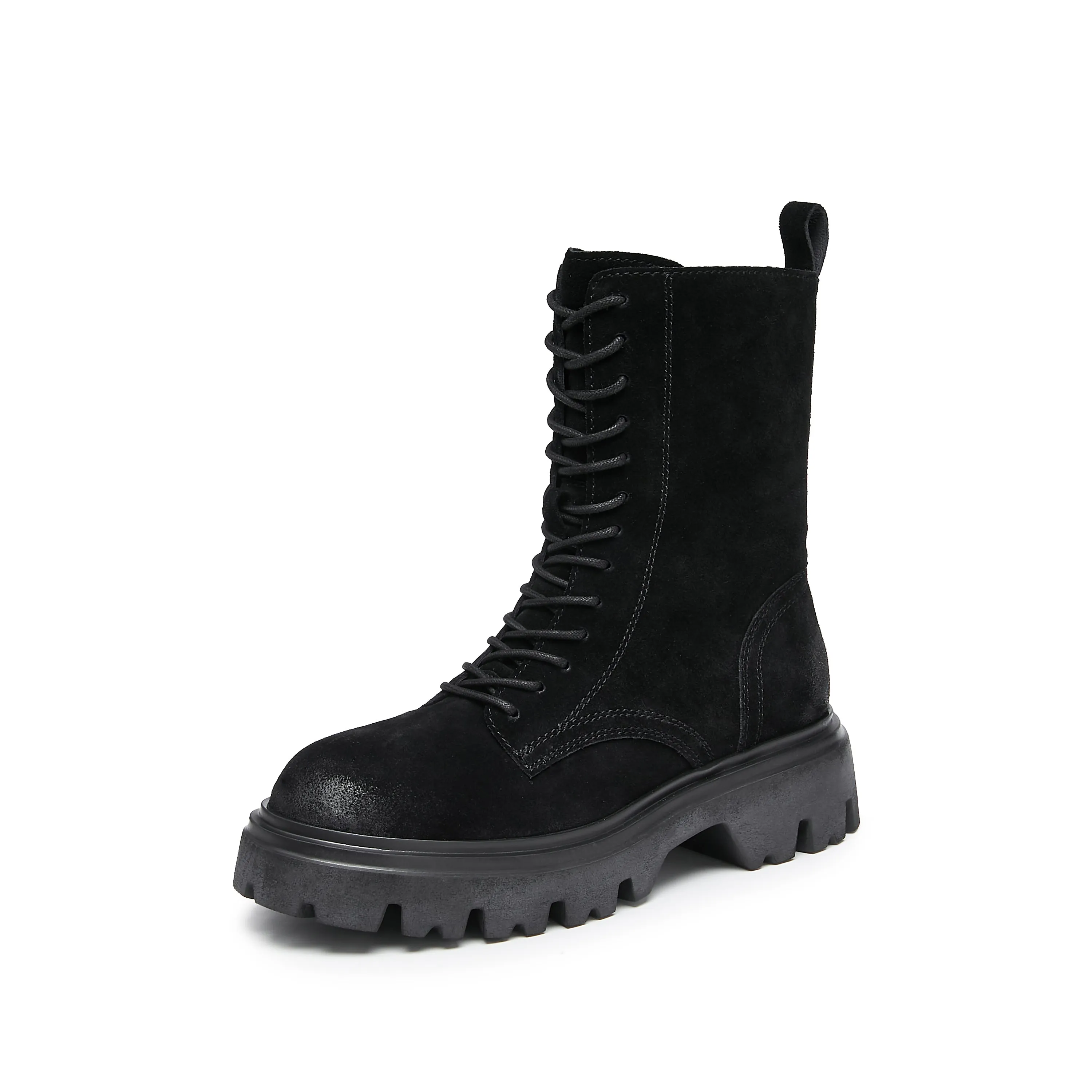 Black Calf Suede Lace Up Combat Boots