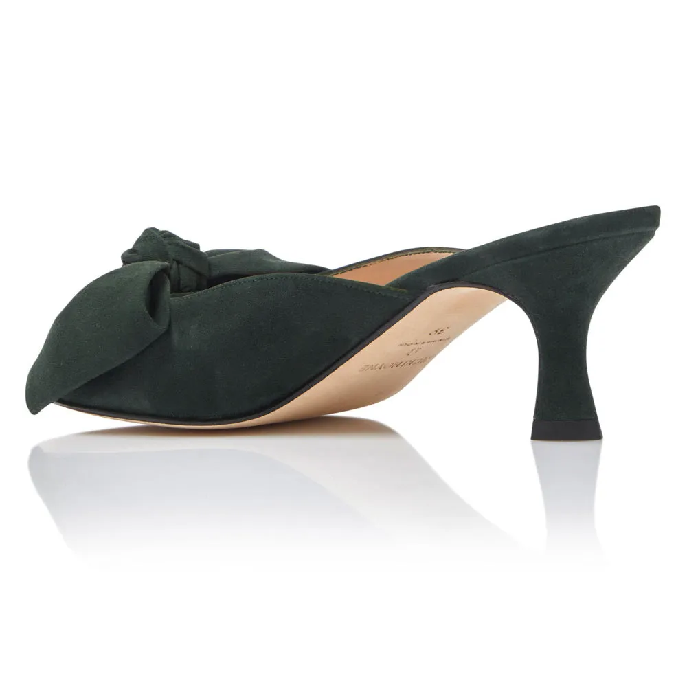 Bow Peep Toe Kitten Heel - Forest Green Suede