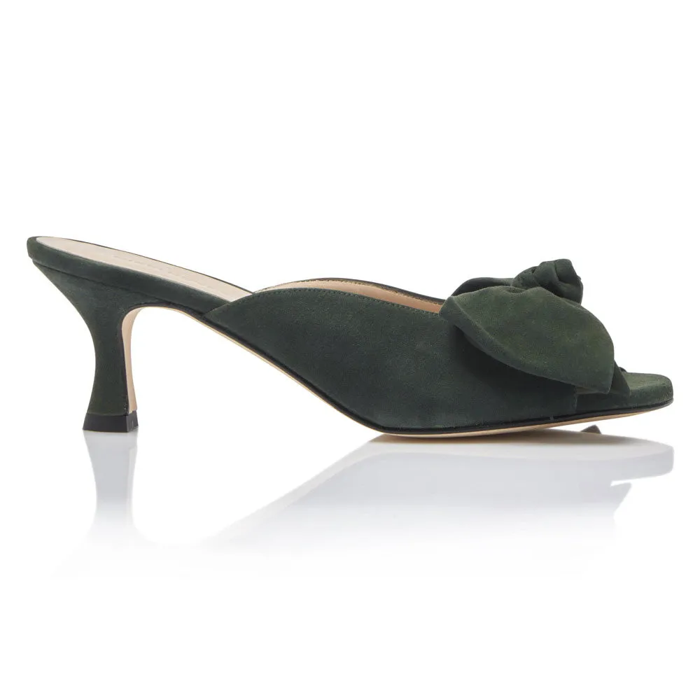 Bow Peep Toe Kitten Heel - Forest Green Suede