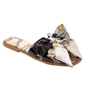 Bow Scarf Print Slides- Black