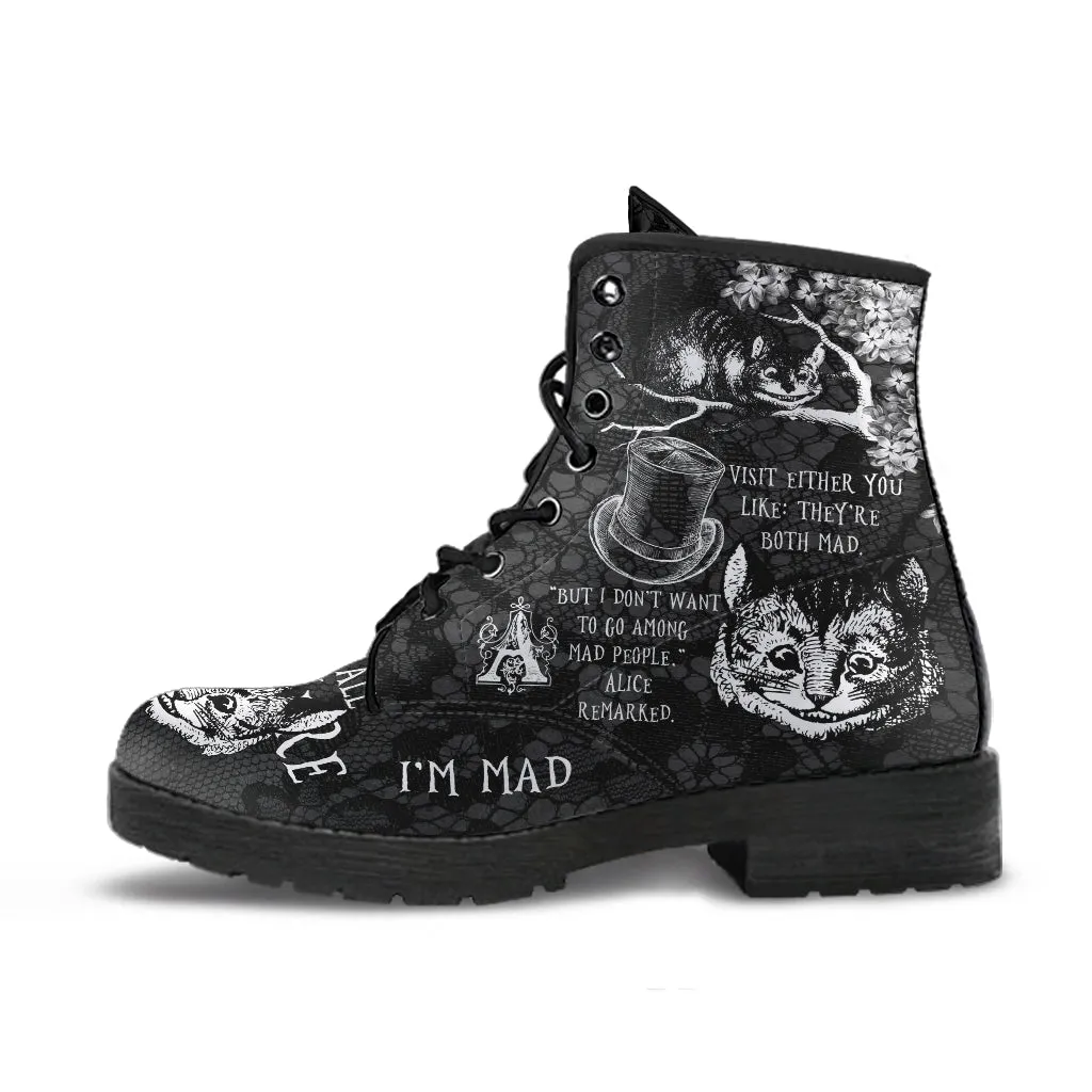 Combat Boots - Alice in Wonderland Gifts #102 Black and White Series, Cheshire Cat, Gift Idea, Women's Boots, Vegan Shoes, Vegan Leather