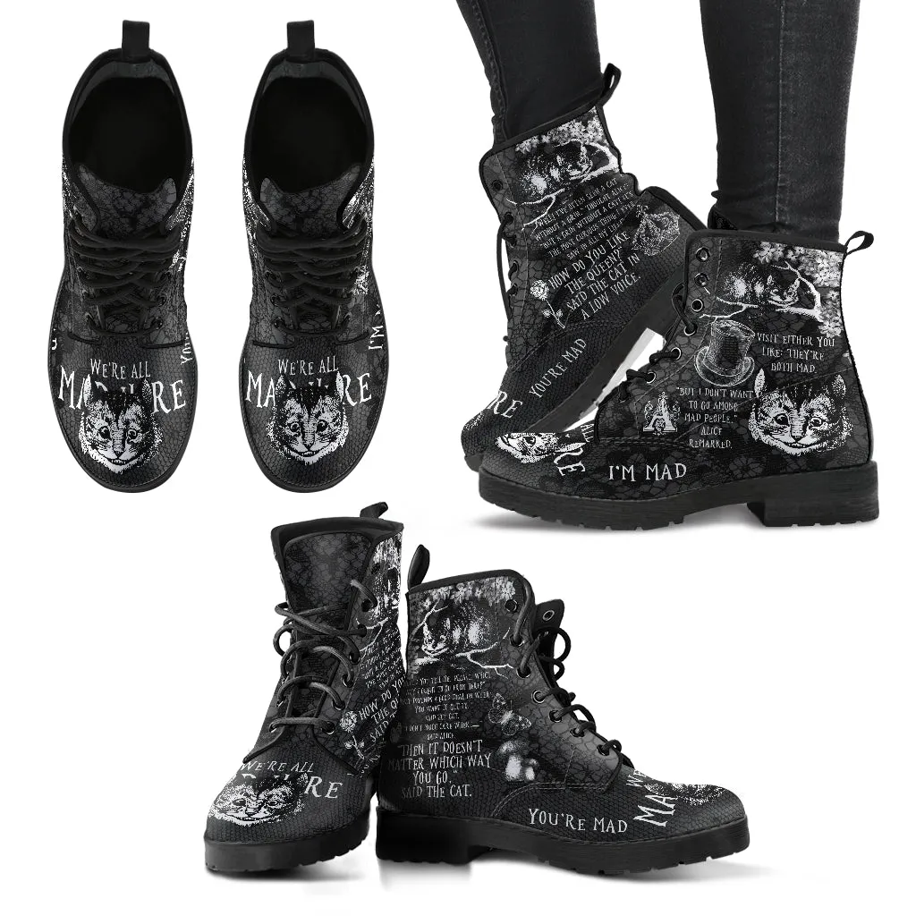 Combat Boots - Alice in Wonderland Gifts #102 Black and White Series, Cheshire Cat, Gift Idea, Women's Boots, Vegan Shoes, Vegan Leather