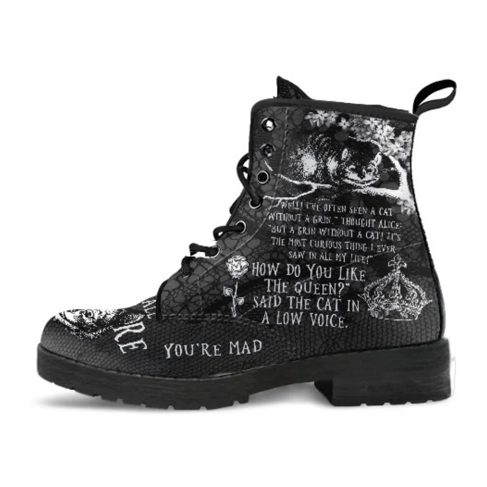 Combat Boots - Alice in Wonderland Gifts #102 Black and White Series, Cheshire Cat, Gift Idea, Women's Boots, Vegan Shoes, Vegan Leather