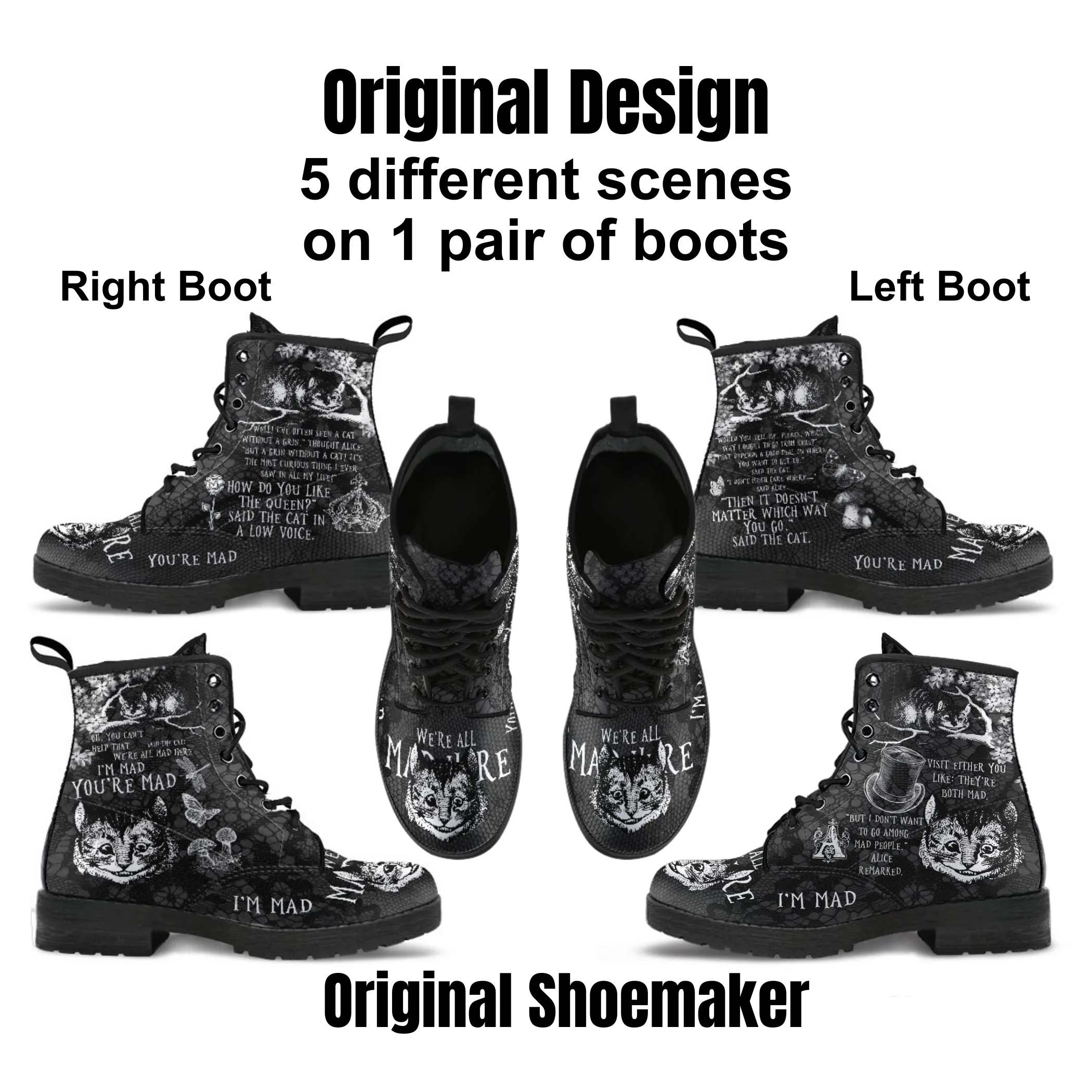 Combat Boots - Alice in Wonderland Gifts #102 Black and White Series, Cheshire Cat, Gift Idea, Women's Boots, Vegan Shoes, Vegan Leather