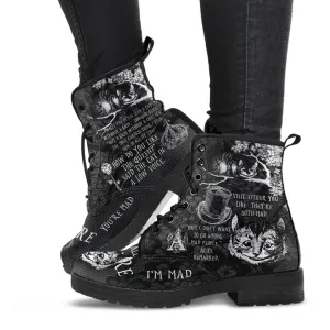 Combat Boots - Alice in Wonderland Gifts #102 Black and White Series, Cheshire Cat, Gift Idea, Women's Boots, Vegan Shoes, Vegan Leather