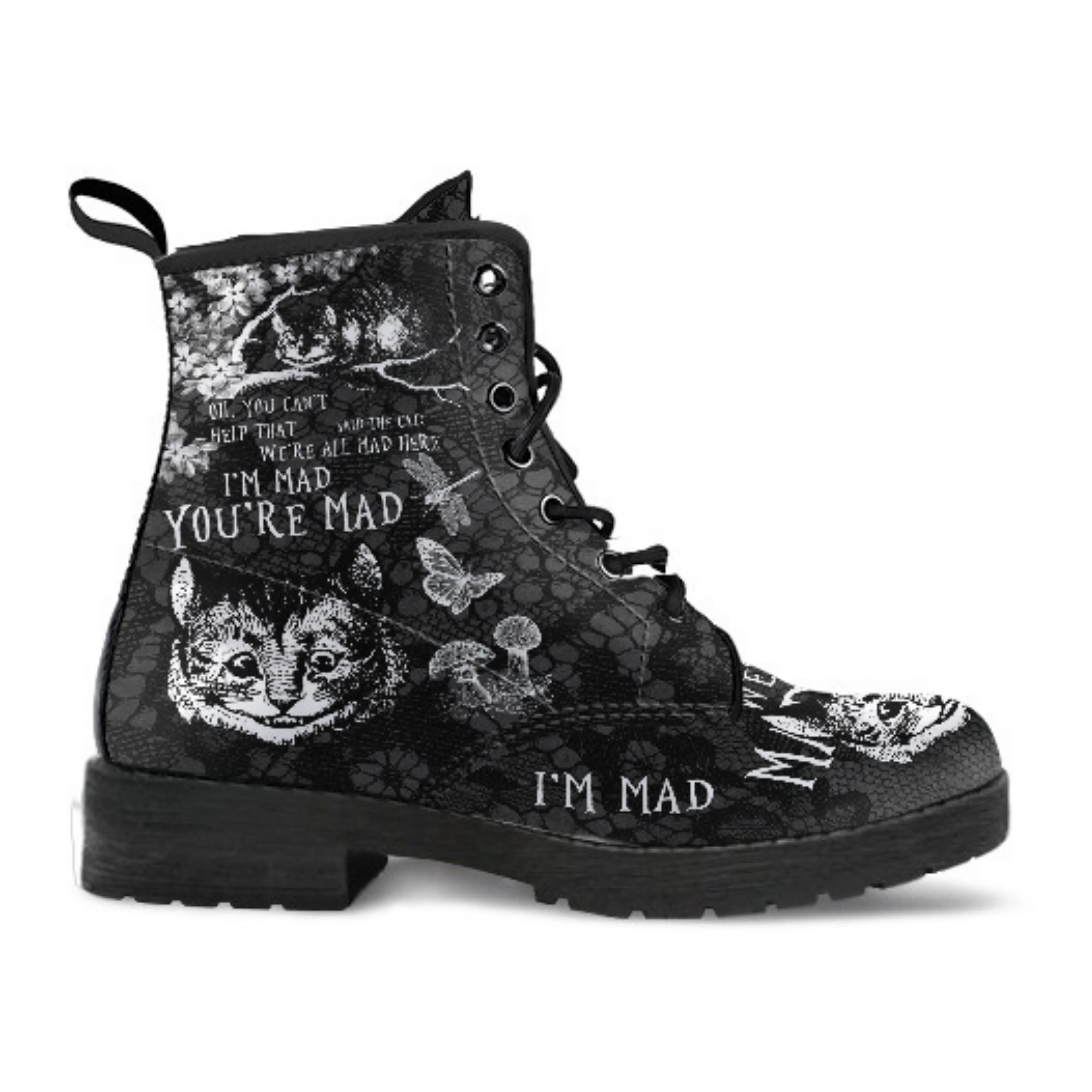Combat Boots - Alice in Wonderland Gifts #102 Black and White Series, Cheshire Cat, Gift Idea, Women's Boots, Vegan Shoes, Vegan Leather