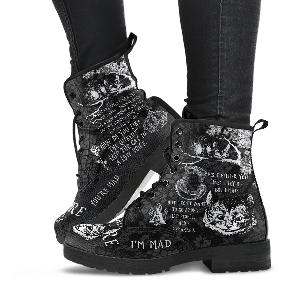 Combat Boots - Alice in Wonderland Gifts #102 Black and White Series, Cheshire Cat, Gift Idea, Women's Boots, Vegan Shoes, Vegan Leather