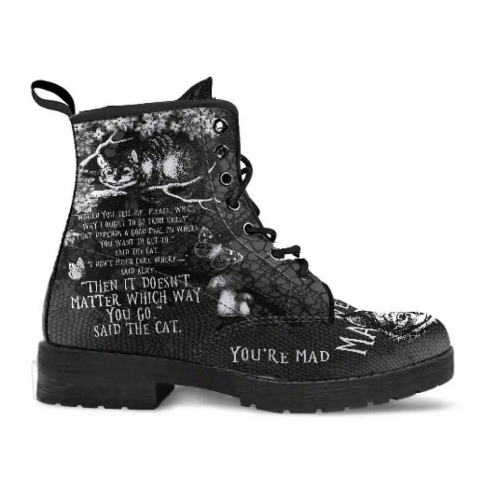 Combat Boots - Alice in Wonderland Gifts #102 Black and White Series, Cheshire Cat, Gift Idea, Women's Boots, Vegan Shoes, Vegan Leather