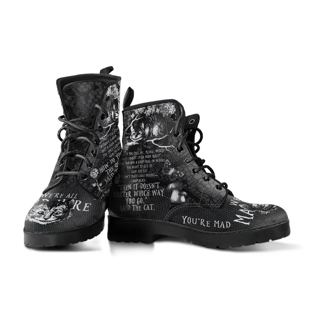 Combat Boots - Alice in Wonderland Gifts #102 Black and White Series, Cheshire Cat, Gift Idea, Women's Boots, Vegan Shoes, Vegan Leather