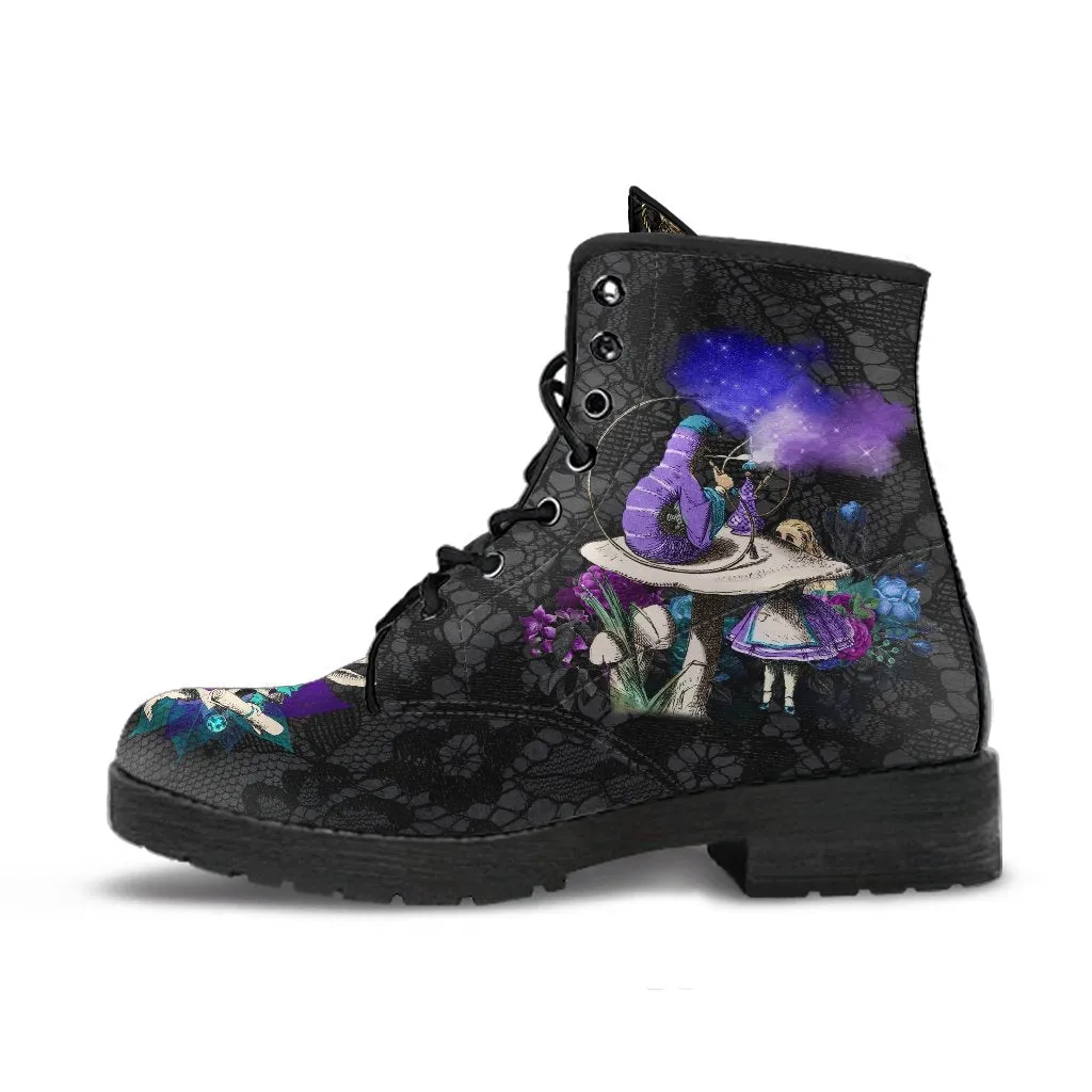 Combat Boots - Alice in Wonderland Gifts #23 Purple Series, Black Lace Print | Women's Black Hipster Boots, Vegan Leather Boots, Custom Shoes