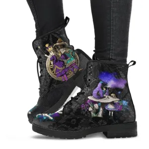 Combat Boots - Alice in Wonderland Gifts #23 Purple Series, Black Lace Print | Women's Black Hipster Boots, Vegan Leather Boots, Custom Shoes