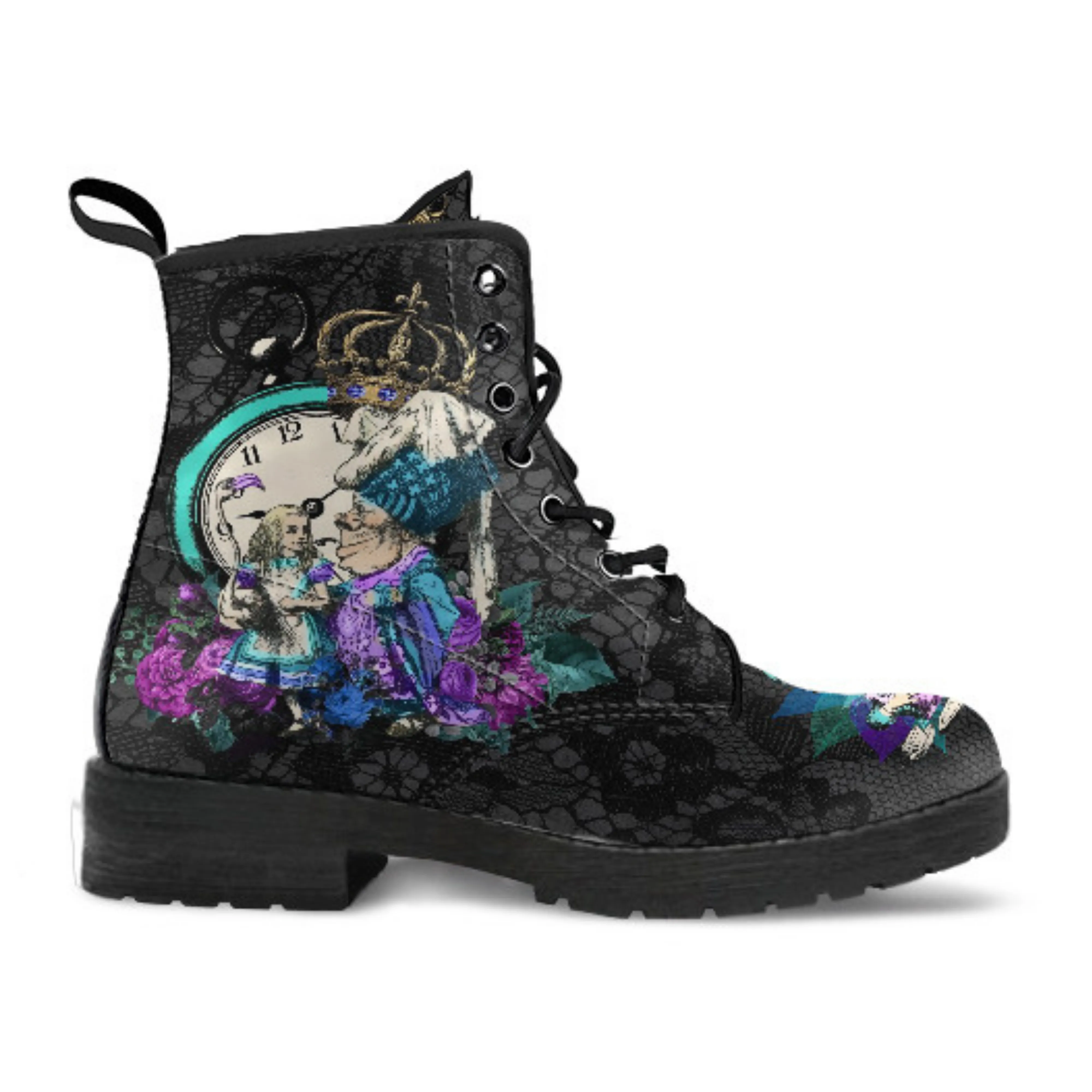 Combat Boots - Alice in Wonderland Gifts #23 Purple Series, Black Lace Print | Women's Black Hipster Boots, Vegan Leather Boots, Custom Shoes