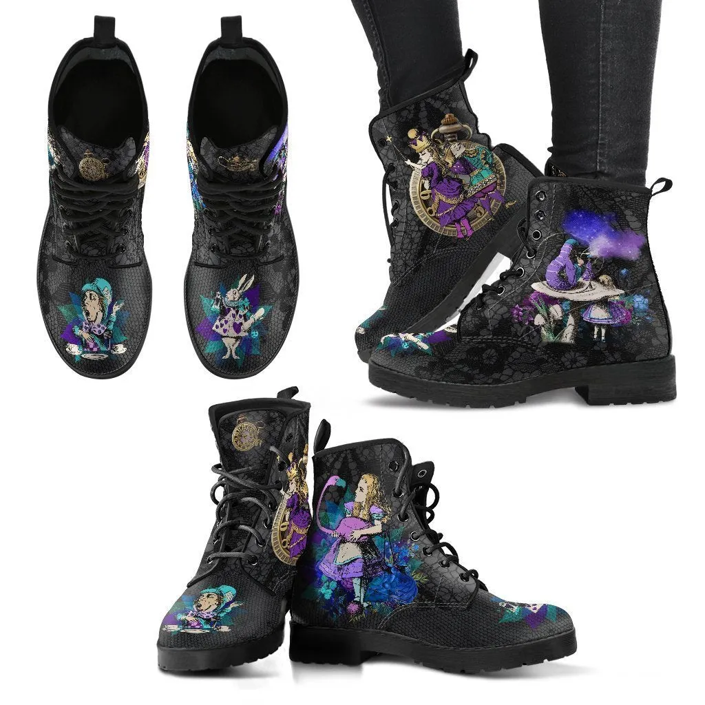 Combat Boots - Alice in Wonderland Gifts #23 Purple Series, Black Lace Print | Women's Black Hipster Boots, Vegan Leather Boots, Custom Shoes