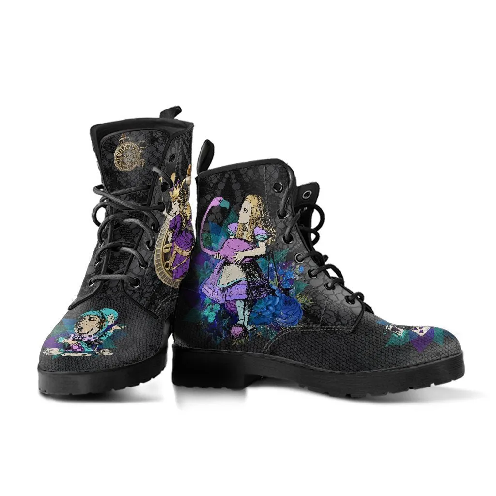 Combat Boots - Alice in Wonderland Gifts #23 Purple Series, Black Lace Print | Women's Black Hipster Boots, Vegan Leather Boots, Custom Shoes