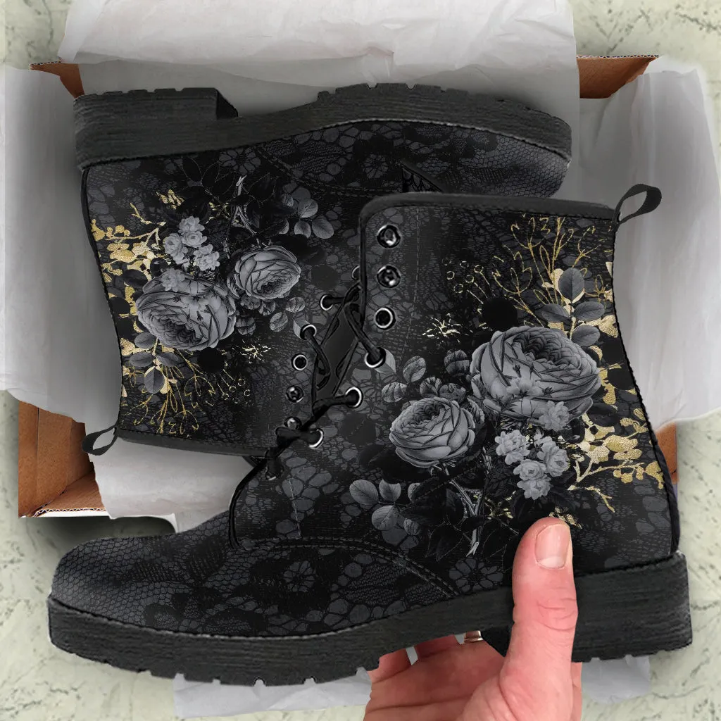 Combat Boots - Beautiful Flowers #108 Gray | Kawaii Cute Aesthetic Vegan Leather Handmade, Custom Shoes, Gift Idea, Wedding