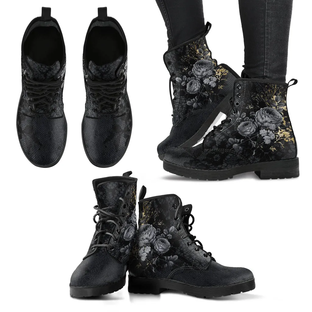 Combat Boots - Beautiful Flowers #108 Gray | Kawaii Cute Aesthetic Vegan Leather Handmade, Custom Shoes, Gift Idea, Wedding