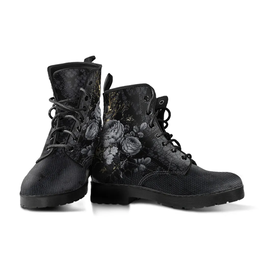 Combat Boots - Beautiful Flowers #108 Gray | Kawaii Cute Aesthetic Vegan Leather Handmade, Custom Shoes, Gift Idea, Wedding