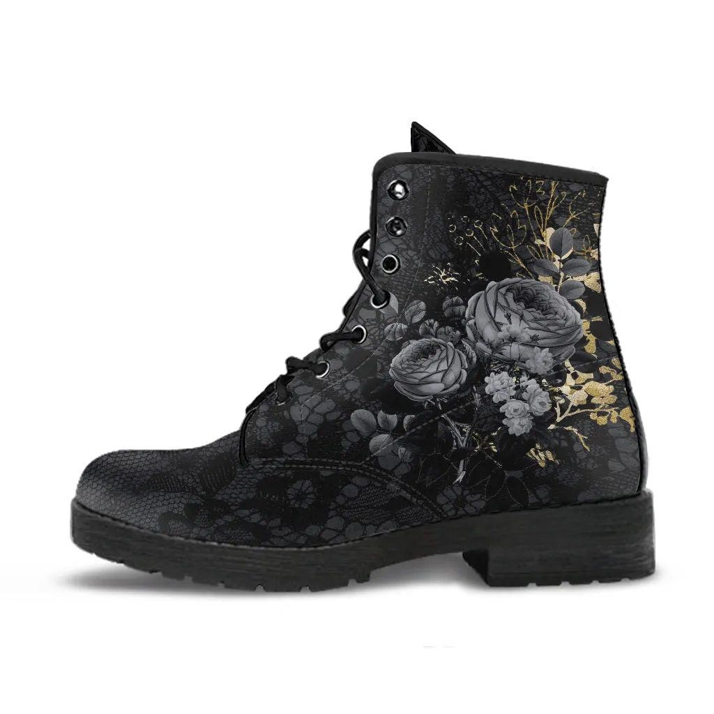Combat Boots - Beautiful Flowers #108 Gray | Kawaii Cute Aesthetic Vegan Leather Handmade, Custom Shoes, Gift Idea, Wedding