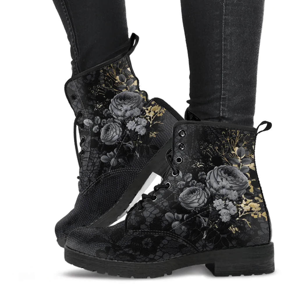 Combat Boots - Beautiful Flowers #108 Gray | Kawaii Cute Aesthetic Vegan Leather Handmade, Custom Shoes, Gift Idea, Wedding