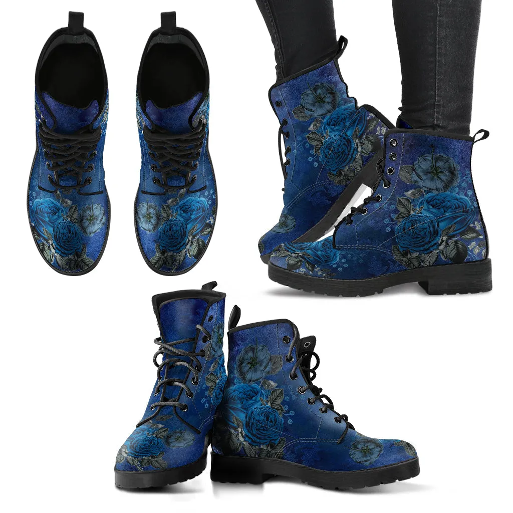 Combat Boots - Beautiful Flowers #112 Dark Blue | Cute Aesthetic Custom Shoes for Women, Wedding Bride Shoes, 90s Boots, Vegan Leather