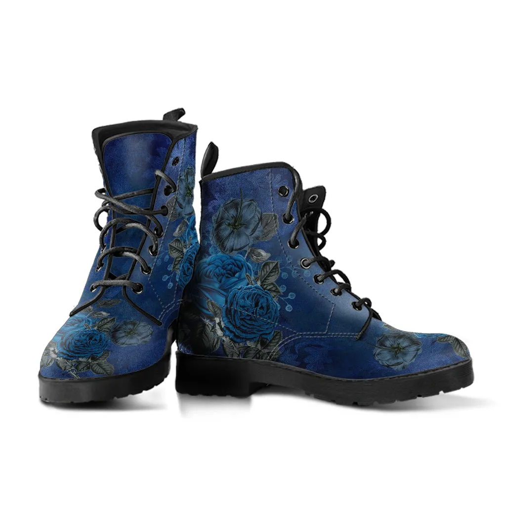 Combat Boots - Beautiful Flowers #112 Dark Blue | Cute Aesthetic Custom Shoes for Women, Wedding Bride Shoes, 90s Boots, Vegan Leather
