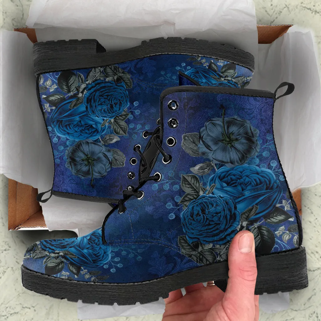 Combat Boots - Beautiful Flowers #112 Dark Blue | Cute Aesthetic Custom Shoes for Women, Wedding Bride Shoes, 90s Boots, Vegan Leather