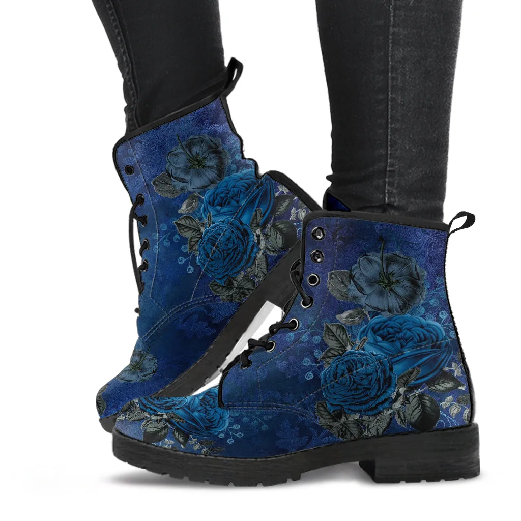 Combat Boots - Beautiful Flowers #112 Dark Blue | Cute Aesthetic Custom Shoes for Women, Wedding Bride Shoes, 90s Boots, Vegan Leather