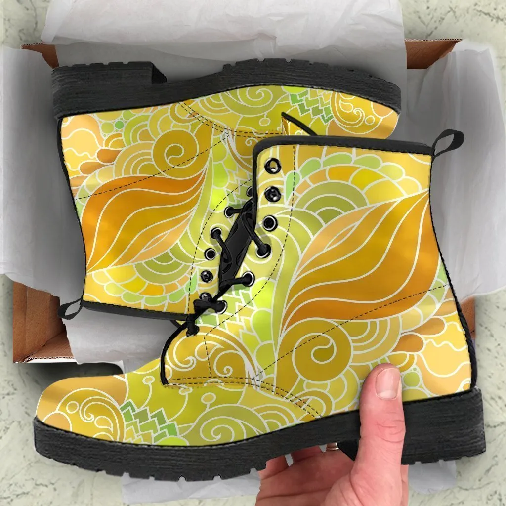 Combat Boots - Beautiful Yellow Doodle | Vegan Leather Lace Up Boots, Handmade Lace Up Boots, Aesthetic Shoes, Sorority Shoes, Women's Boots