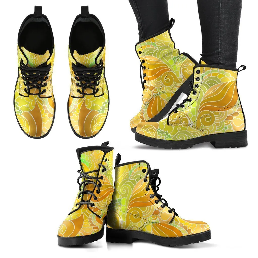 Combat Boots - Beautiful Yellow Doodle | Vegan Leather Lace Up Boots, Handmade Lace Up Boots, Aesthetic Shoes, Sorority Shoes, Women's Boots