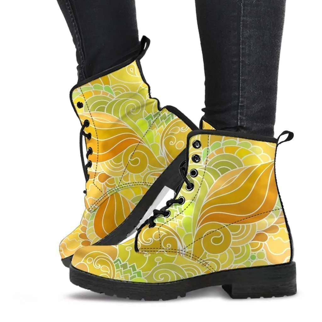 Combat Boots - Beautiful Yellow Doodle | Vegan Leather Lace Up Boots, Handmade Lace Up Boots, Aesthetic Shoes, Sorority Shoes, Women's Boots