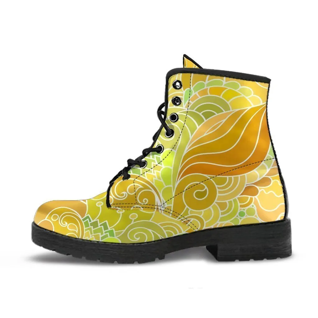 Combat Boots - Beautiful Yellow Doodle | Vegan Leather Lace Up Boots, Handmade Lace Up Boots, Aesthetic Shoes, Sorority Shoes, Women's Boots