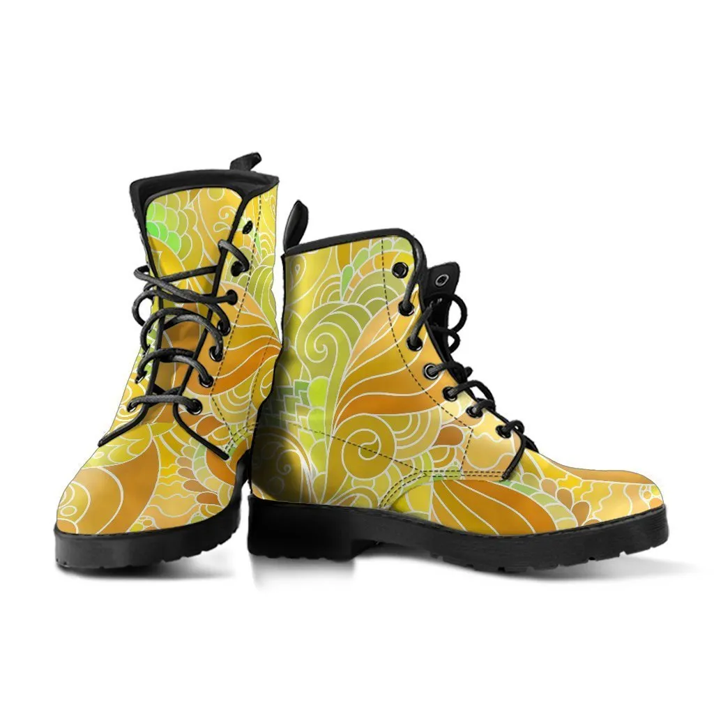 Combat Boots - Beautiful Yellow Doodle | Vegan Leather Lace Up Boots, Handmade Lace Up Boots, Aesthetic Shoes, Sorority Shoes, Women's Boots