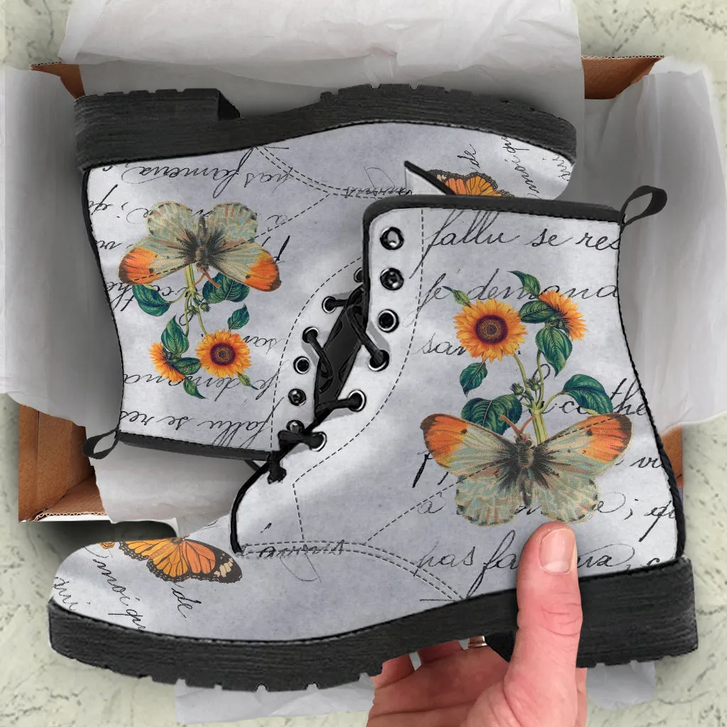 Combat Boots - Butterfly Shoes #108 Vintage Sunflowers | Custom Shoes, Women's, Aesthetic Style, Sorority, Vegan Leather Handmade Lace Up