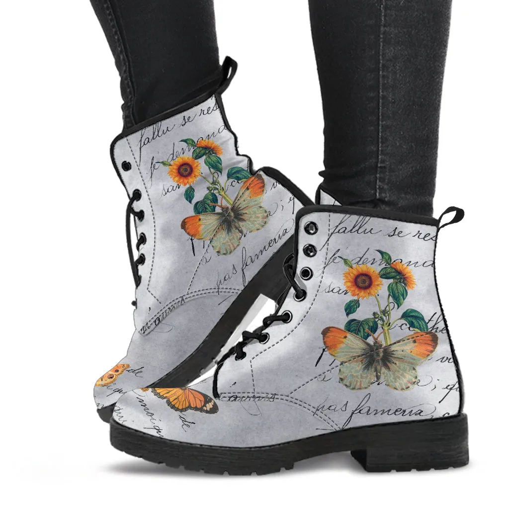 Combat Boots - Butterfly Shoes #108 Vintage Sunflowers | Custom Shoes, Women's, Aesthetic Style, Sorority, Vegan Leather Handmade Lace Up