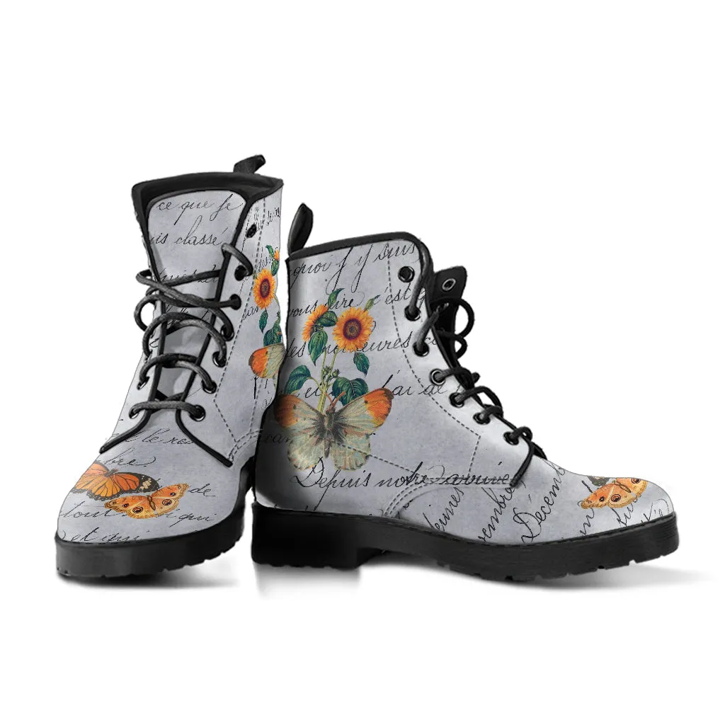 Combat Boots - Butterfly Shoes #108 Vintage Sunflowers | Custom Shoes, Women's, Aesthetic Style, Sorority, Vegan Leather Handmade Lace Up