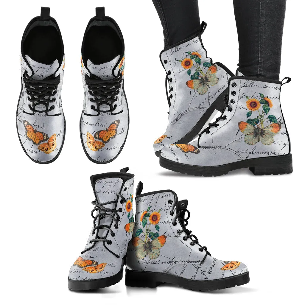Combat Boots - Butterfly Shoes #108 Vintage Sunflowers | Custom Shoes, Women's, Aesthetic Style, Sorority, Vegan Leather Handmade Lace Up