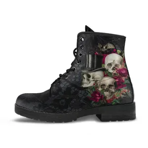Combat Boots - Goth Shoes #106 Skulls & Roses, Black Gothic Lace Print | Vegan Leather Lace Up Boots, Custom Shoes Boho, Goth Witch Boots