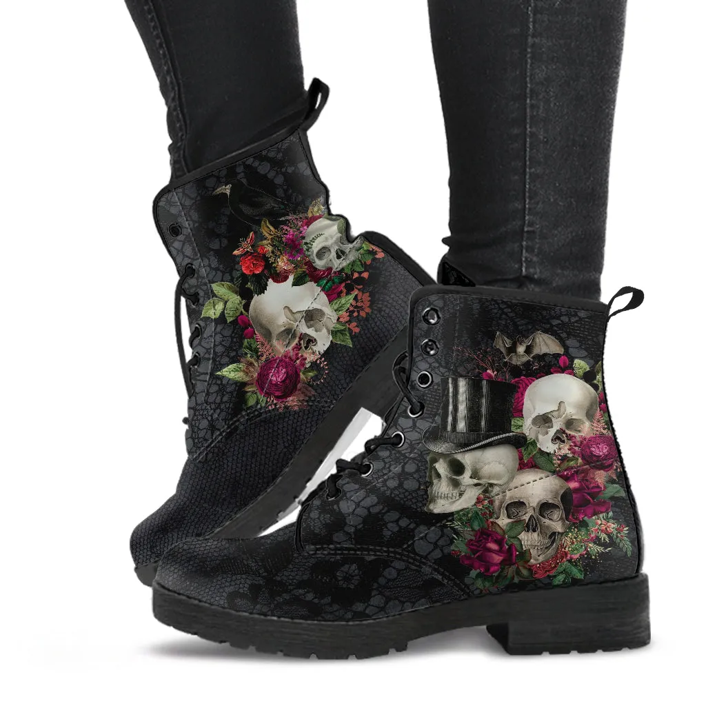 Combat Boots - Goth Shoes #106 Skulls & Roses, Black Gothic Lace Print | Vegan Leather Lace Up Boots, Custom Shoes Boho, Goth Witch Boots