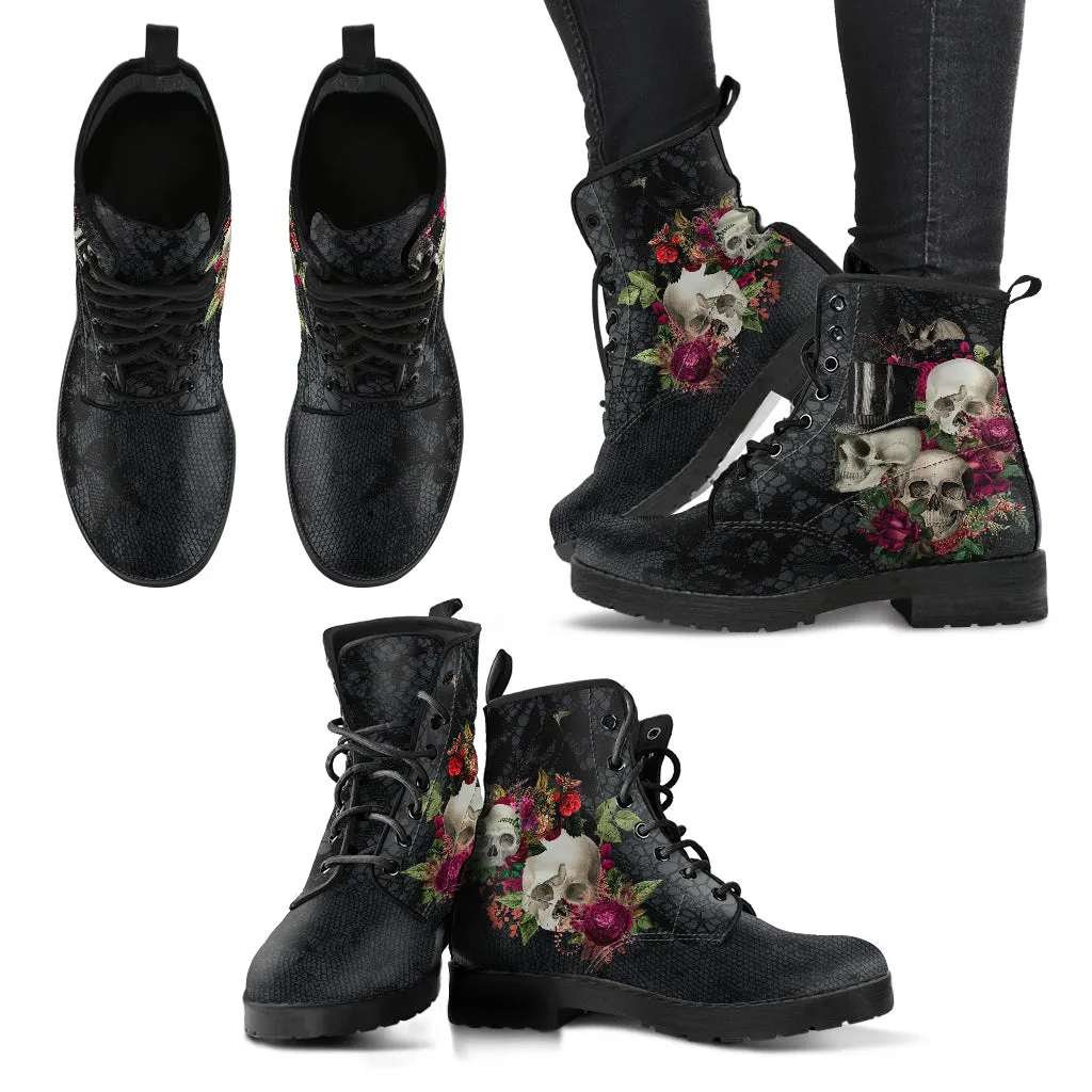 Combat Boots - Goth Shoes #106 Skulls & Roses, Black Gothic Lace Print | Vegan Leather Lace Up Boots, Custom Shoes Boho, Goth Witch Boots