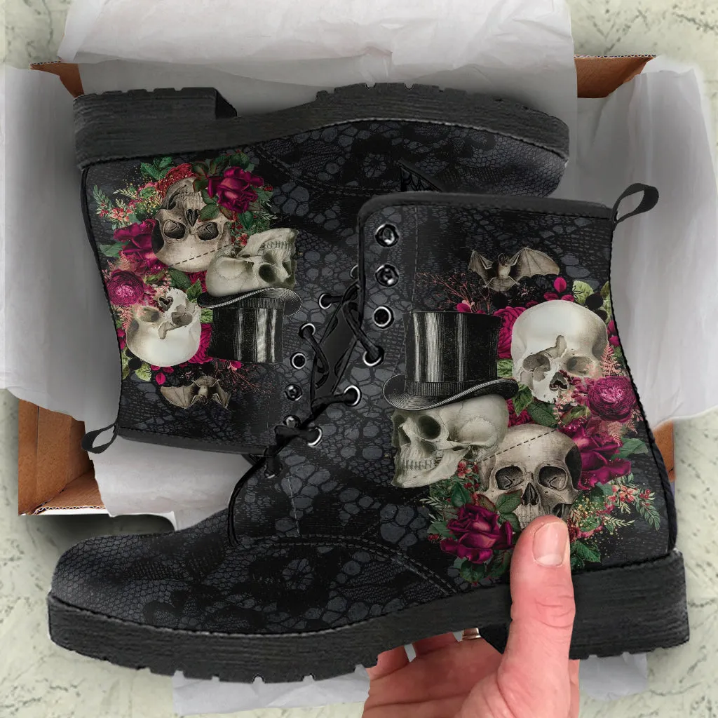 Combat Boots - Goth Shoes #106 Skulls & Roses, Black Gothic Lace Print | Vegan Leather Lace Up Boots, Custom Shoes Boho, Goth Witch Boots