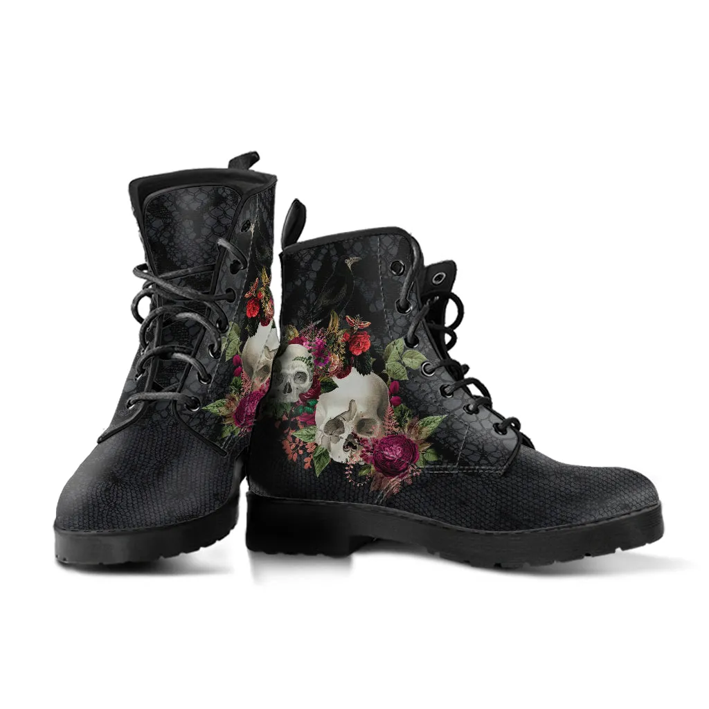 Combat Boots - Goth Shoes #106 Skulls & Roses, Black Gothic Lace Print | Vegan Leather Lace Up Boots, Custom Shoes Boho, Goth Witch Boots