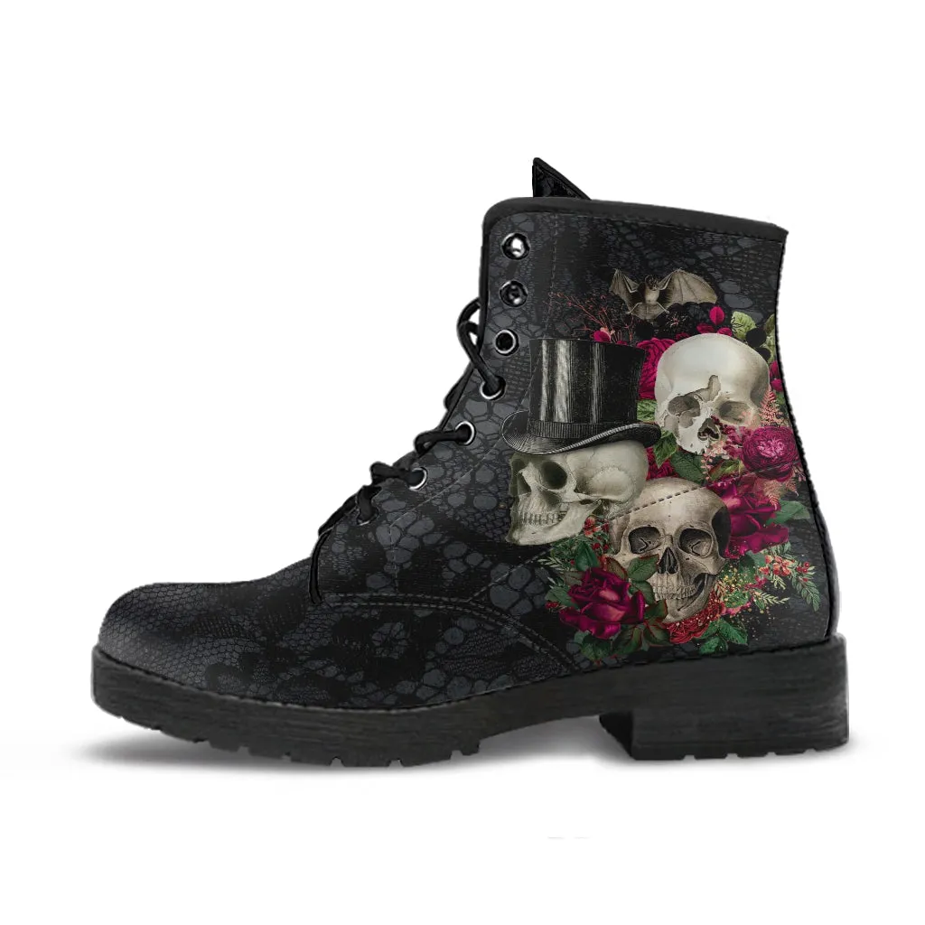 Combat Boots - Goth Shoes #106 Skulls & Roses, Black Gothic Lace Print | Vegan Leather Lace Up Boots, Custom Shoes Boho, Goth Witch Boots
