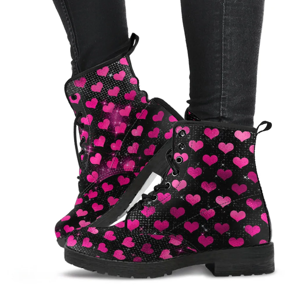 Combat Boots - Hot Pink Pattern #103 | Unisex Adult Shoes, Vegan Leather Handmade Lace Up Boots, Custom Shoes Boho, Vintage Style, Aesthetic